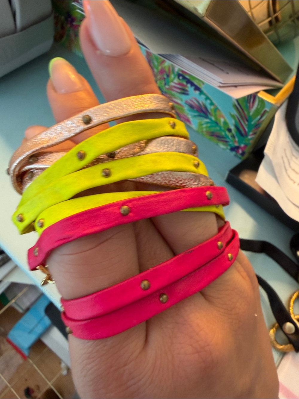 Gorjana leather Studded Wrap Bracelets( 3)Hot Pink, Neon Yellow & Metallic Beige